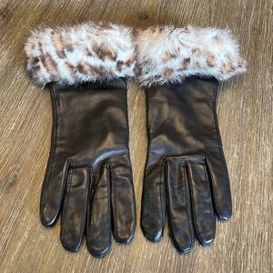 Vintage Women's GRANDOE Black Italian LEATHER Fleece Lined GLOVES FUR Trim SZ L